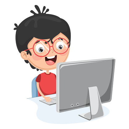 Vector Illustration Of Kid With Computer